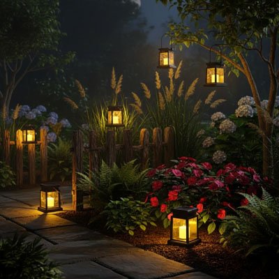 Lanterne solaire EcoAmbra dans les arbres et parterre