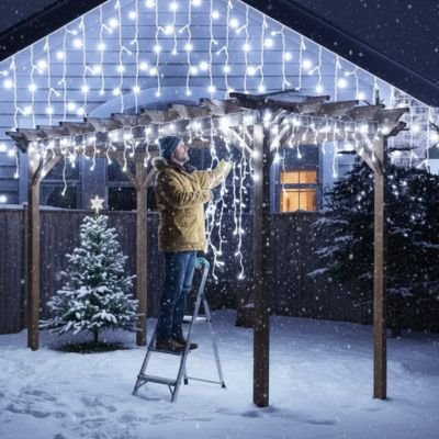Guirlande lumineuse rideau sur pergola hiver