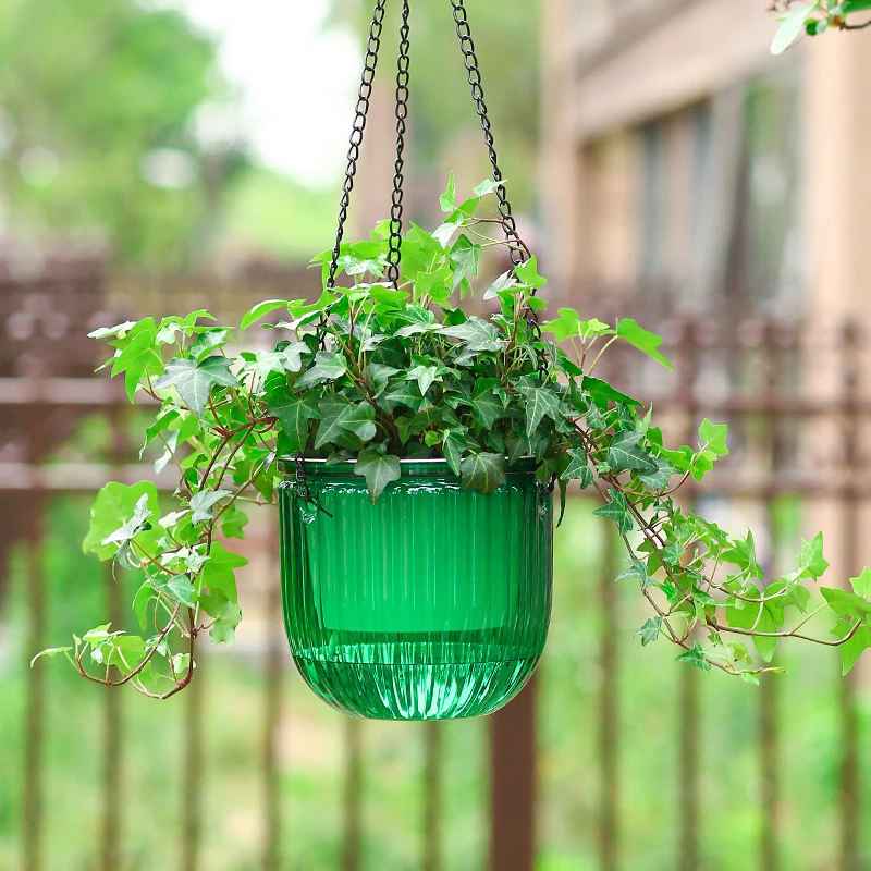 Jardiniere exterieur accrochee avec une plante dedans