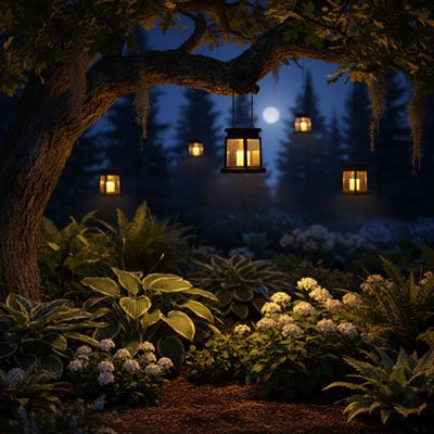 Lanterne solaire EcoAmbra dans les arbres