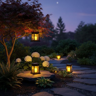 Lanterne solaire EcoAmbra dans sentier