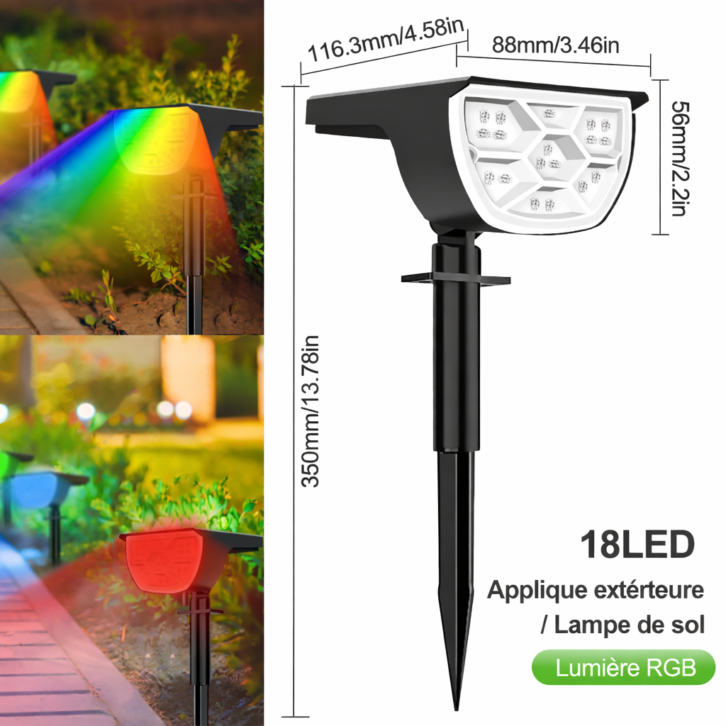 Projecteur solaire eclairage jardin 18 LED dimensions