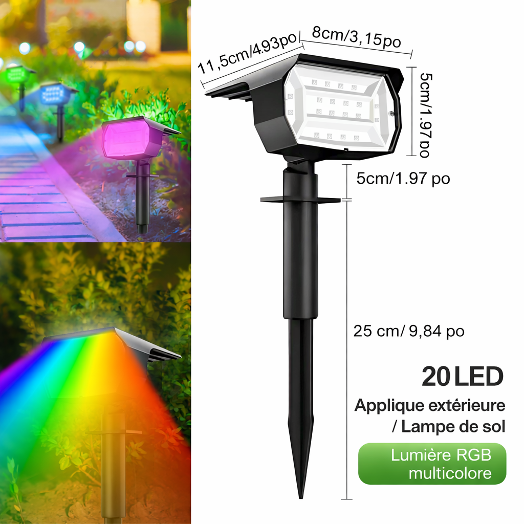 Projecteur solaire eclairage jardin 20 LE D dimensions