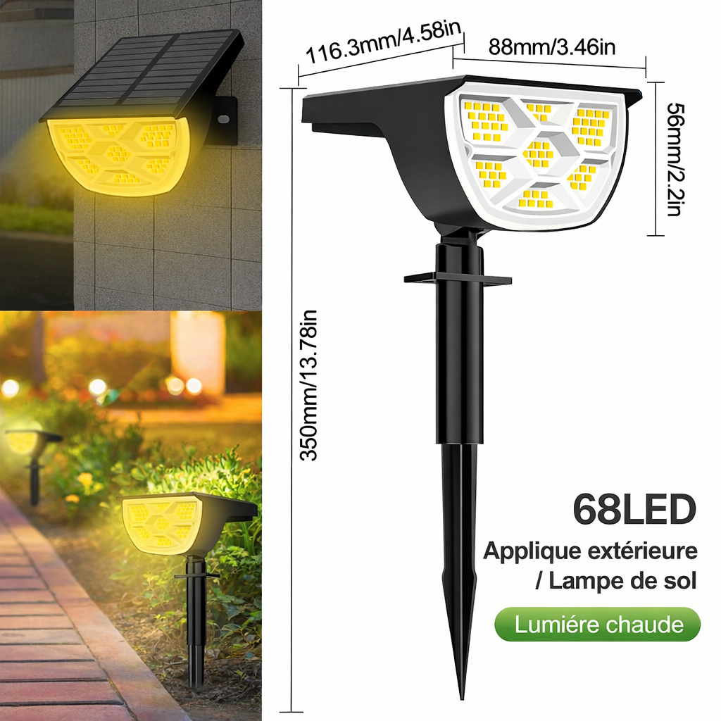  Projecteur solaire eclairage jardin 68 LED dimensions