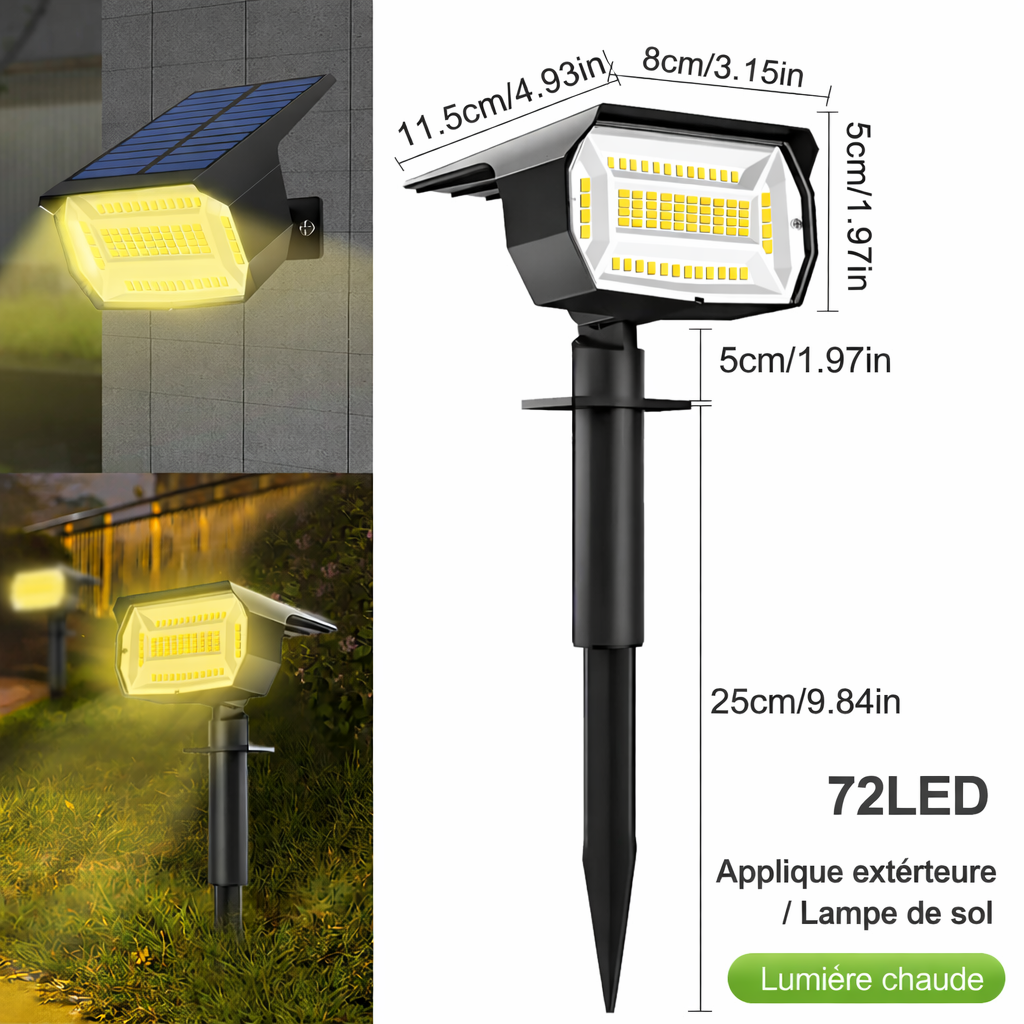 Projecteur solaire eclairage jardin 72/68 LED dimensions