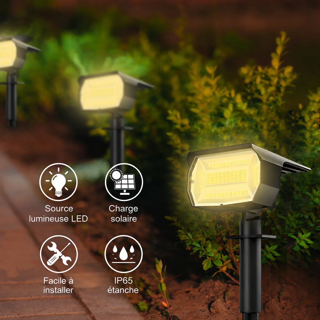Projecteur solaire eclairage jardin LED fonctions