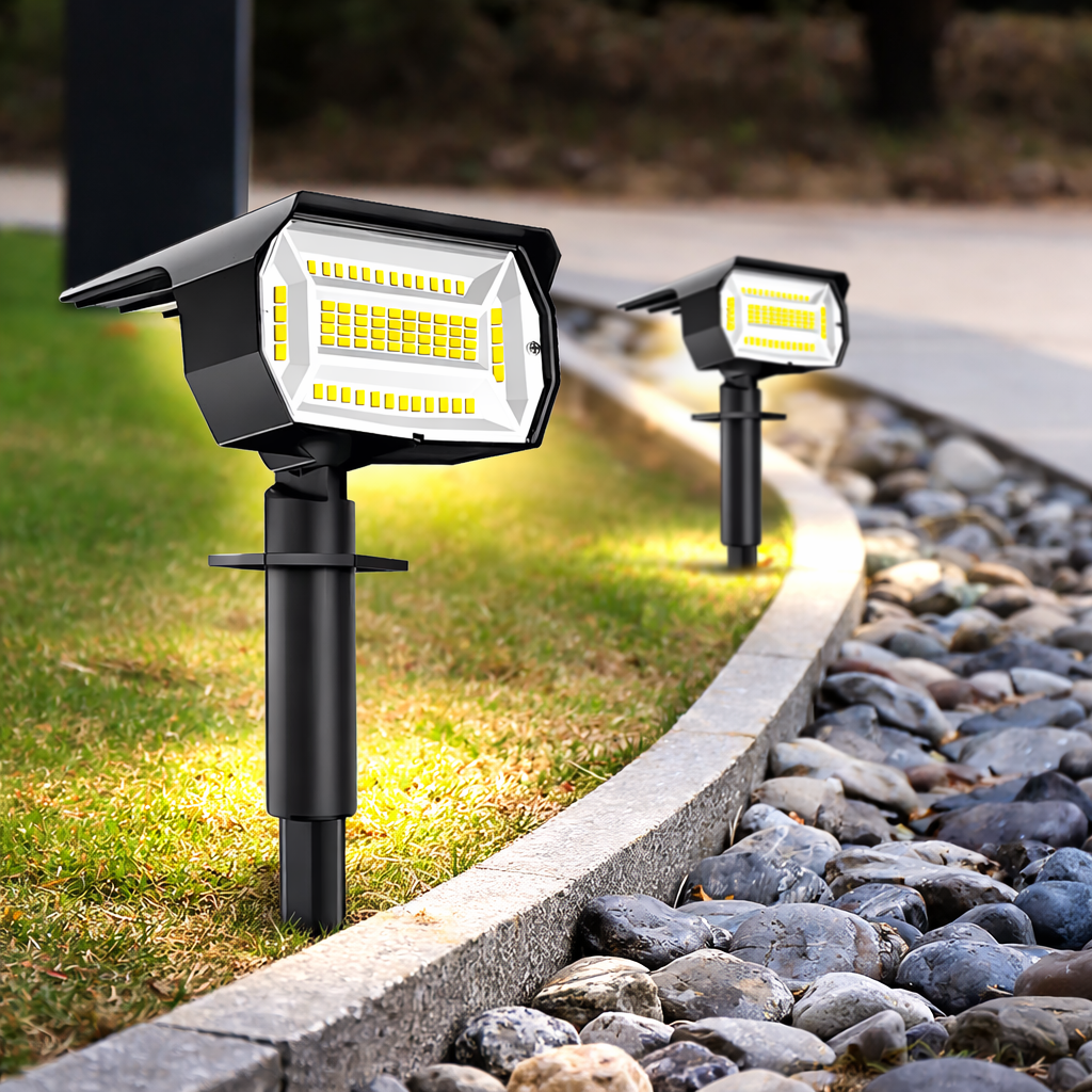 Projecteur solaire eclairage jardin LED sur parterre