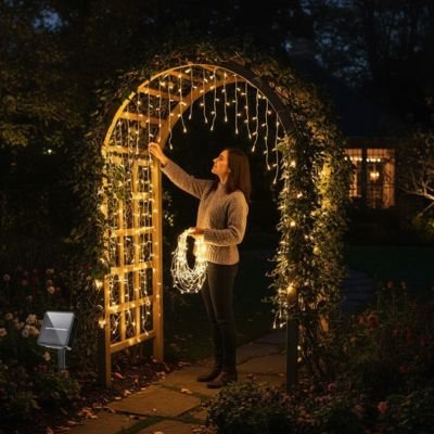 Guirlande lumineuse rideau sur arche de jardin