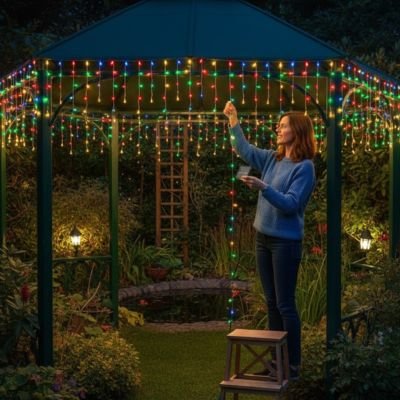 Guirlande lumineuse rideau sur pergola